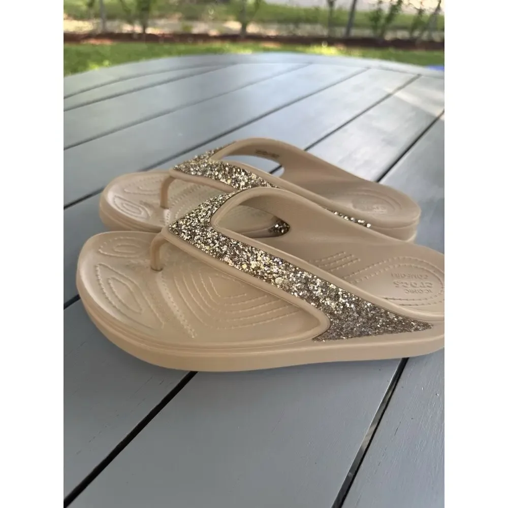 Crocs Sloane Tan Gold Glitter Flip Flop Platform Beach Sandals Wedge Size 9